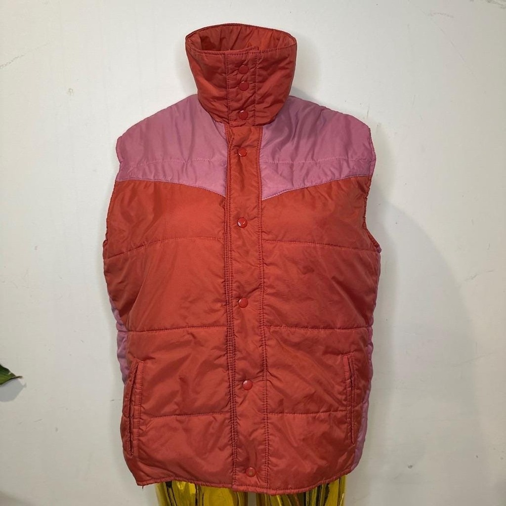 Vintage 70s Briarcliff Red Pink Colorblock Puffer Vest Women Upcycled‎ MEDIUM